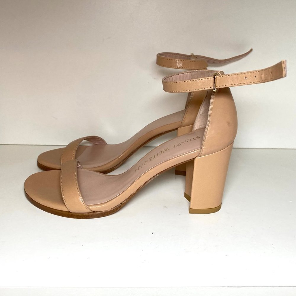 NEW Stuart Weitzman Nearlynude Strap Sandal Smooth Leather Block Heels Nude - Picture 3 of 7